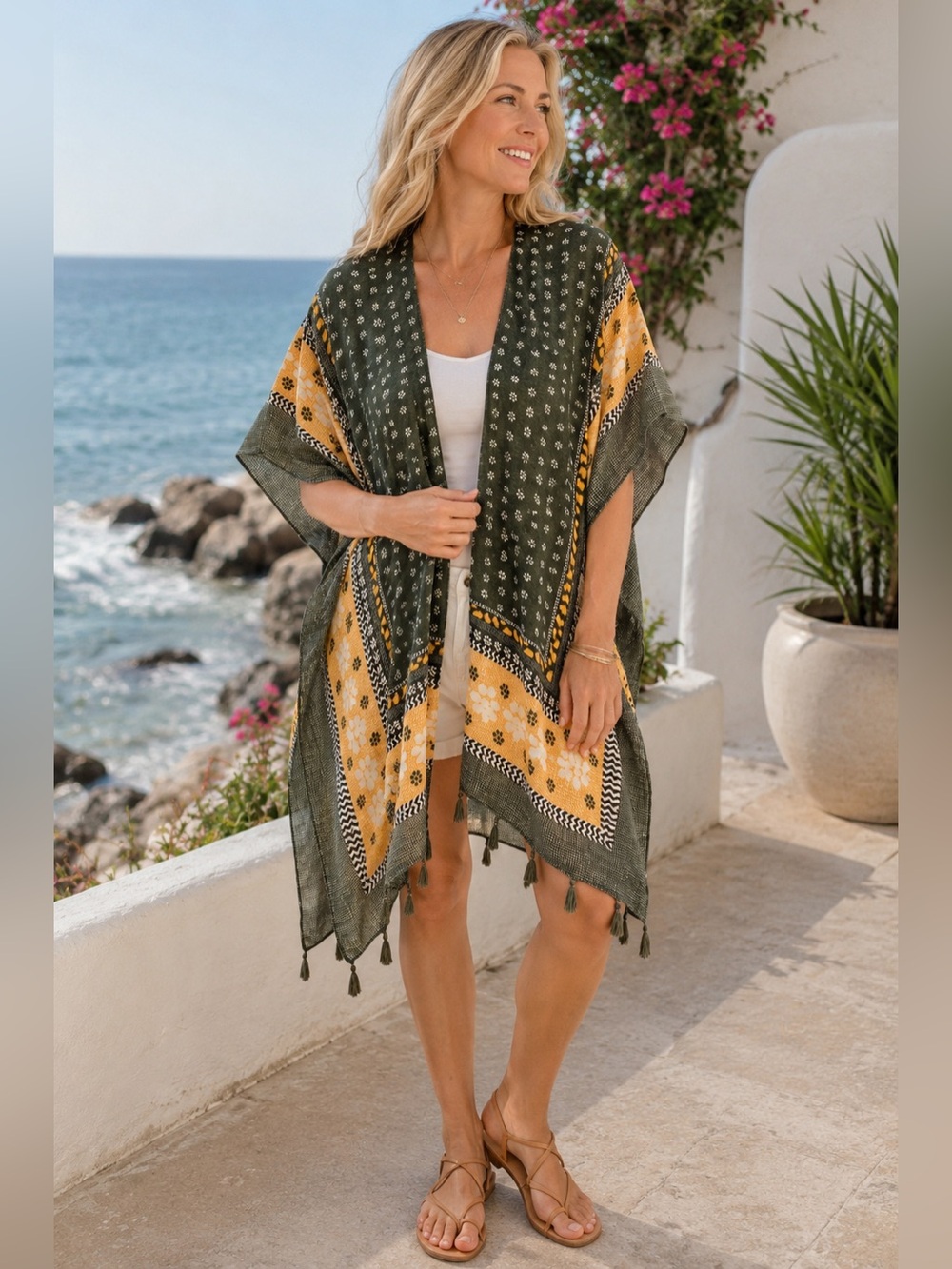 Woven Heart Boho Kimono Tassel Duster Open Front Floral One Size Boho Hippie